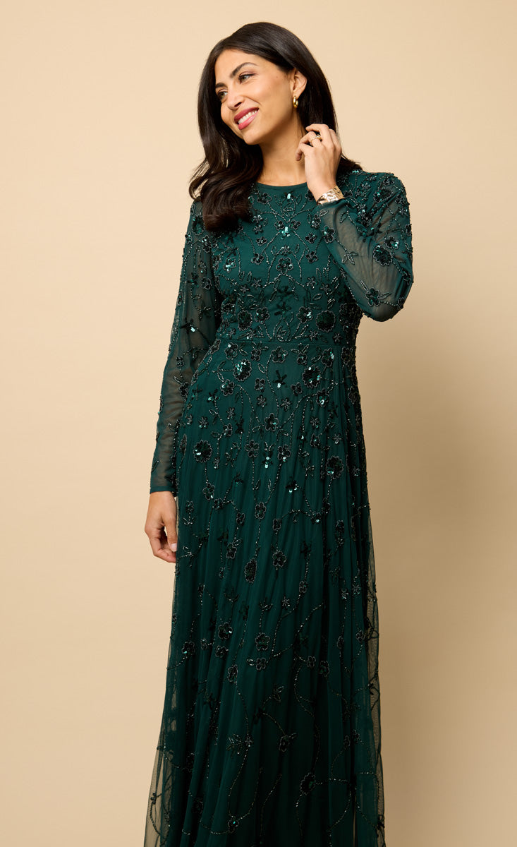 Teal Long Sleeve Embellished Maxi Dress