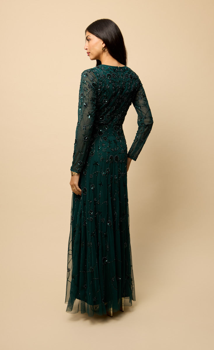 Teal Long Sleeve Embellished Maxi Dress
