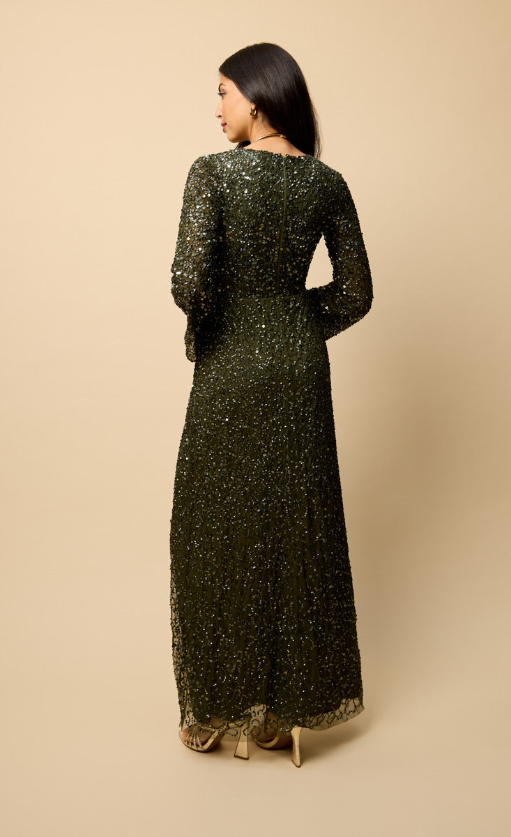 Olive Wrap Embellished Maxi Dress