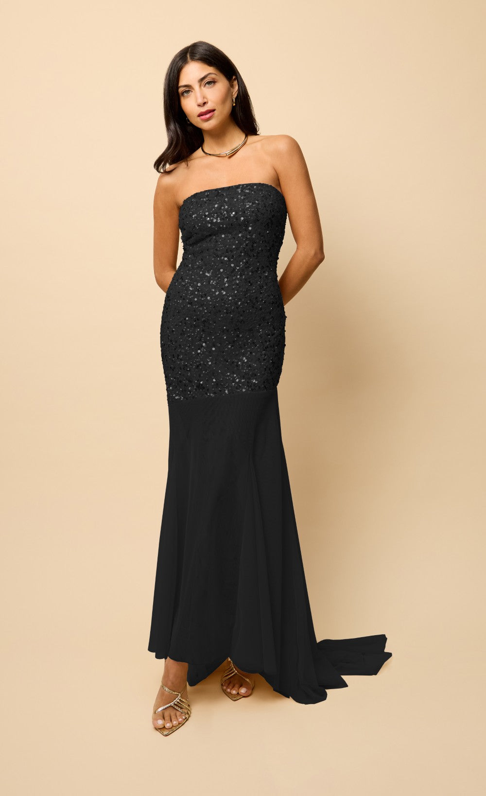 Harlow Black Mesh Train Embellished Maxi Dress featuring a chic bandeau neckline and flowing A-line silhouette.