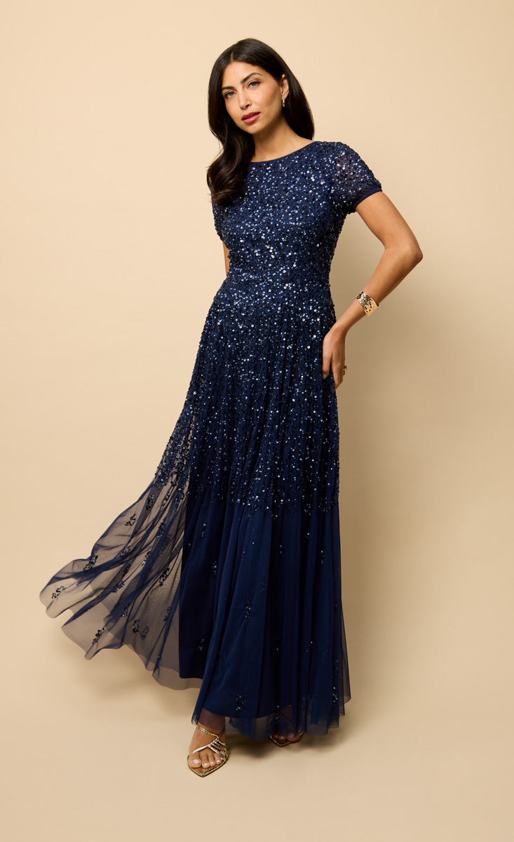 Navy Short Sleeve Embellished Maxi Dress