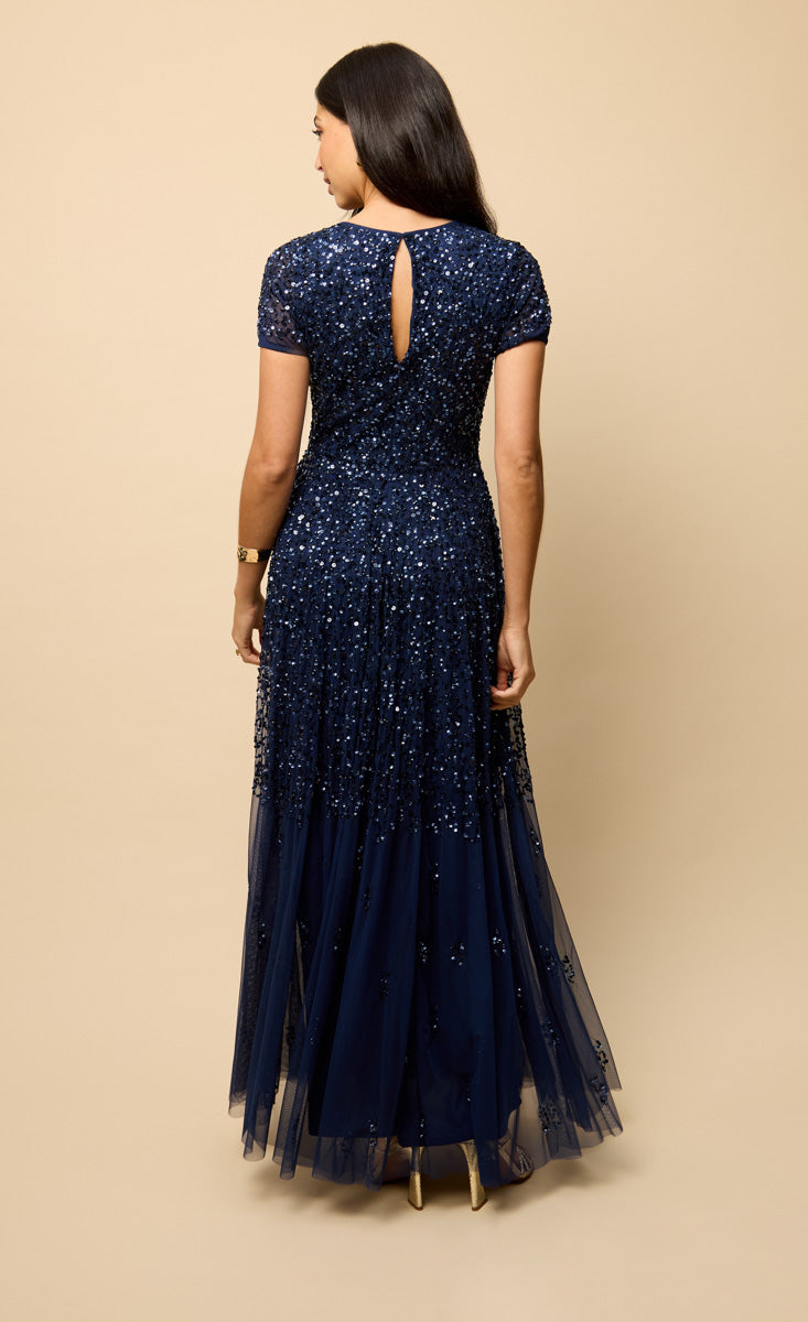 Navy Short Sleeve Embellished Maxi Dress