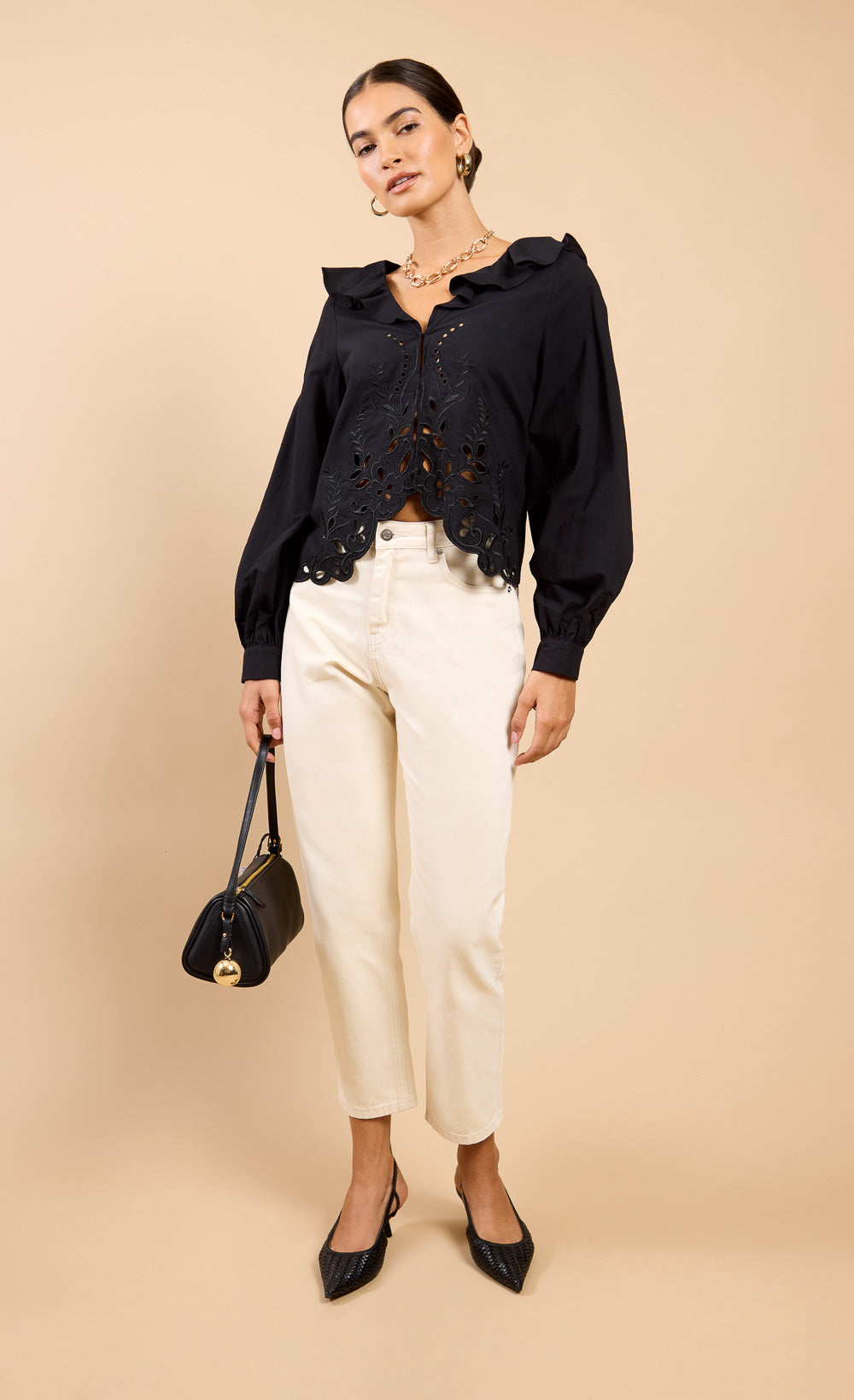 Cléa Black Embroidered Frill TopBlousesTops & BlousesLittle Mistress