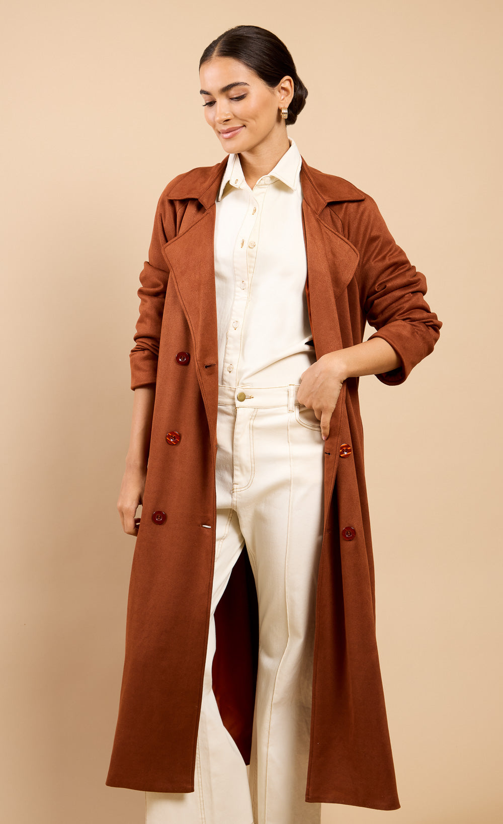 Romilly Brown Suedette Trench CoatTrench CoatsSuedette Trench CoatLittle Mistress