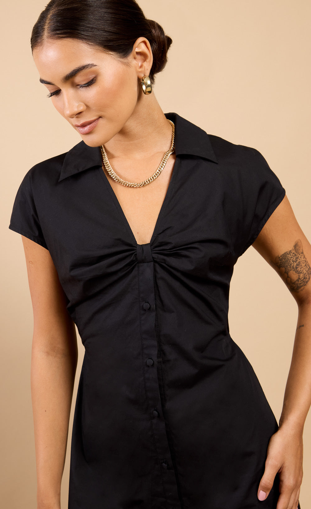 Bellisse Black Gathered Detail Midaxi Shirt Dress