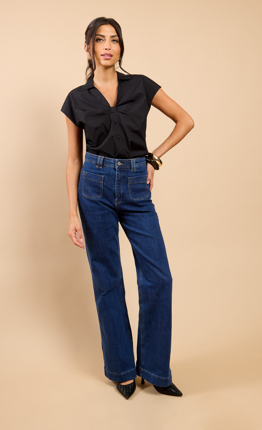 Camille Black Gathered Detail Shirt Top