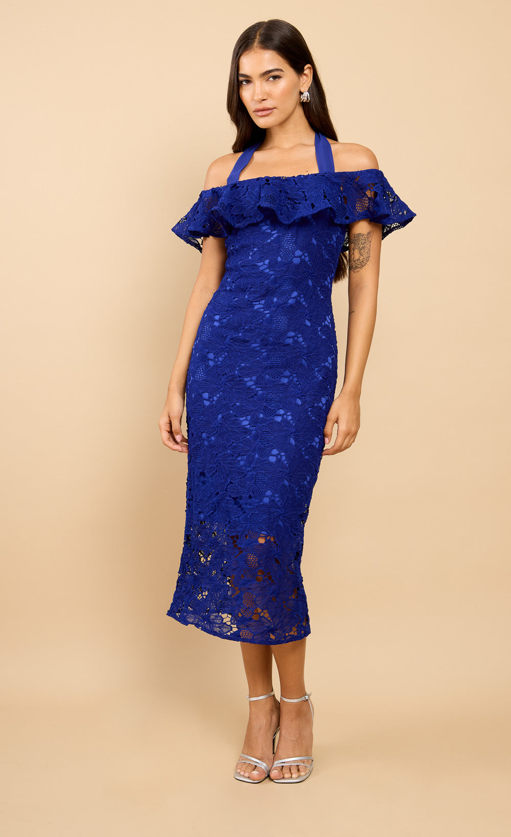 Cassia Blue Crochet Bardot Midaxi Dress