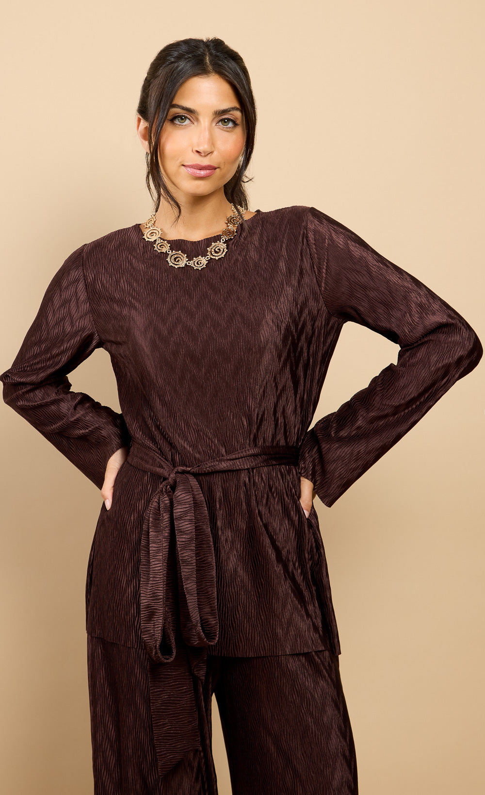Ivette Brown Plisse Longline Top Vicky Pattison EDITClothing TopsPlisse TopLittle Mistress