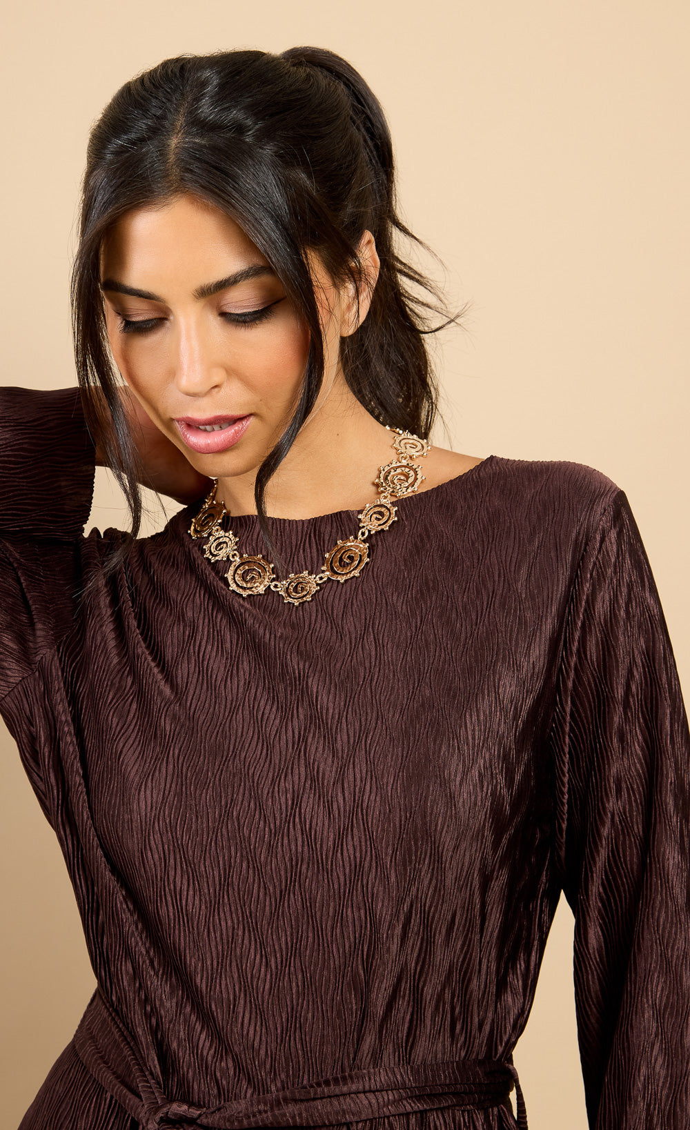 Ivette Brown Plisse Longline Top Vicky Pattison EDITClothing TopsPlisse TopLittle Mistress