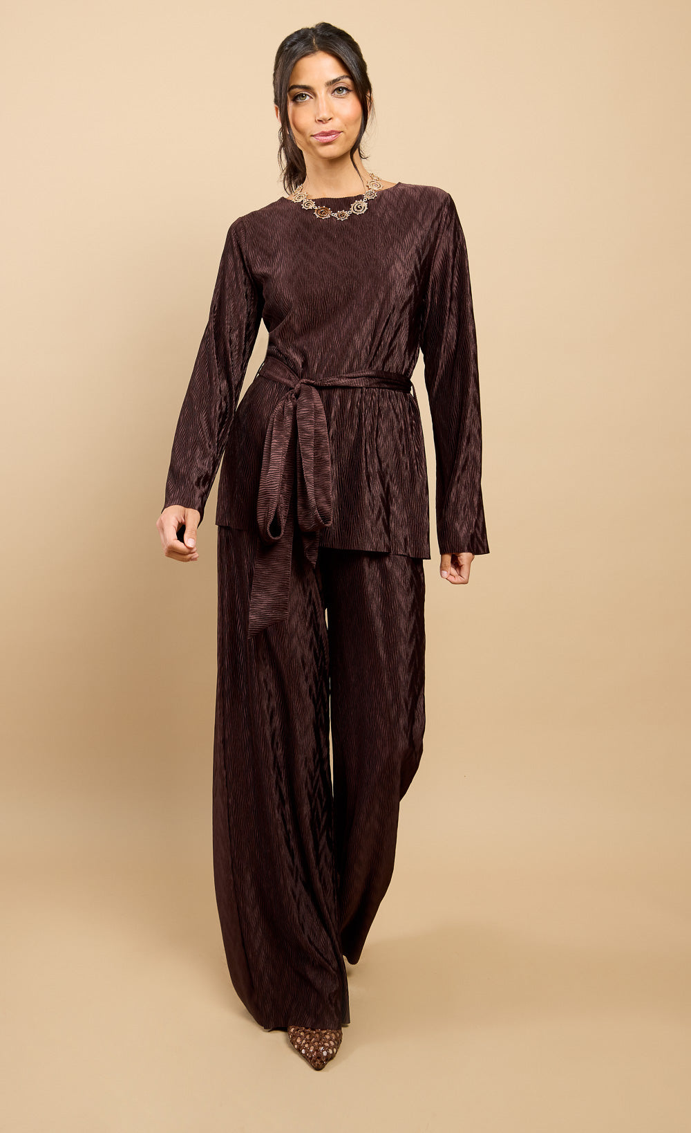 Kalista Brown Plisse Wide Leg Trousers Vicky Pattison EDIT