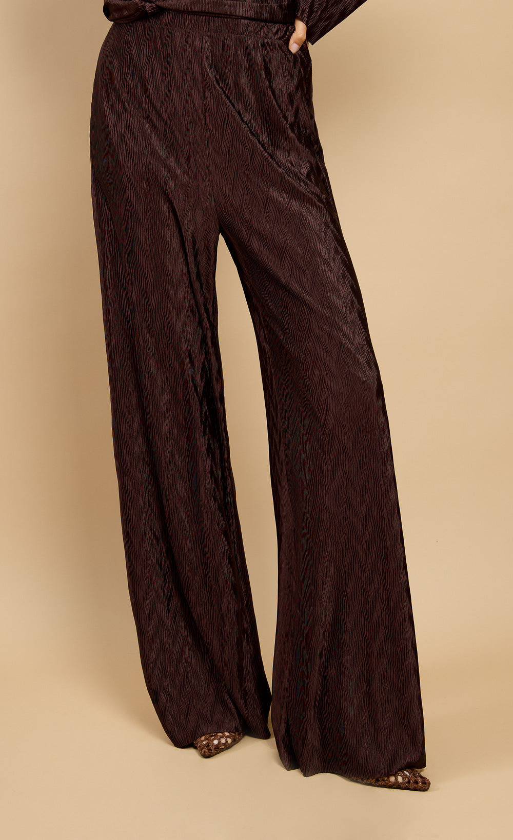 Kalista Brown Plisse Wide Leg Trousers Vicky Pattison EDIT