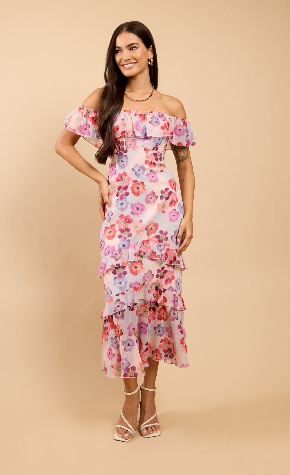 Noa Floral Print Ruffle Bardot Midaxi Dress