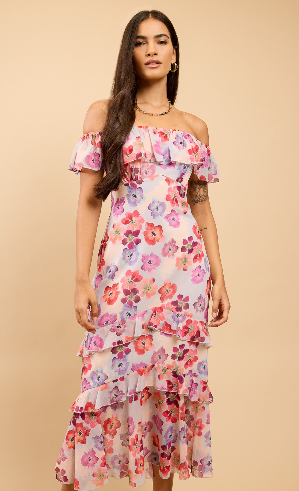 Noa Floral Print Ruffle Bardot Midaxi DressDressesDressesLittle Mistress