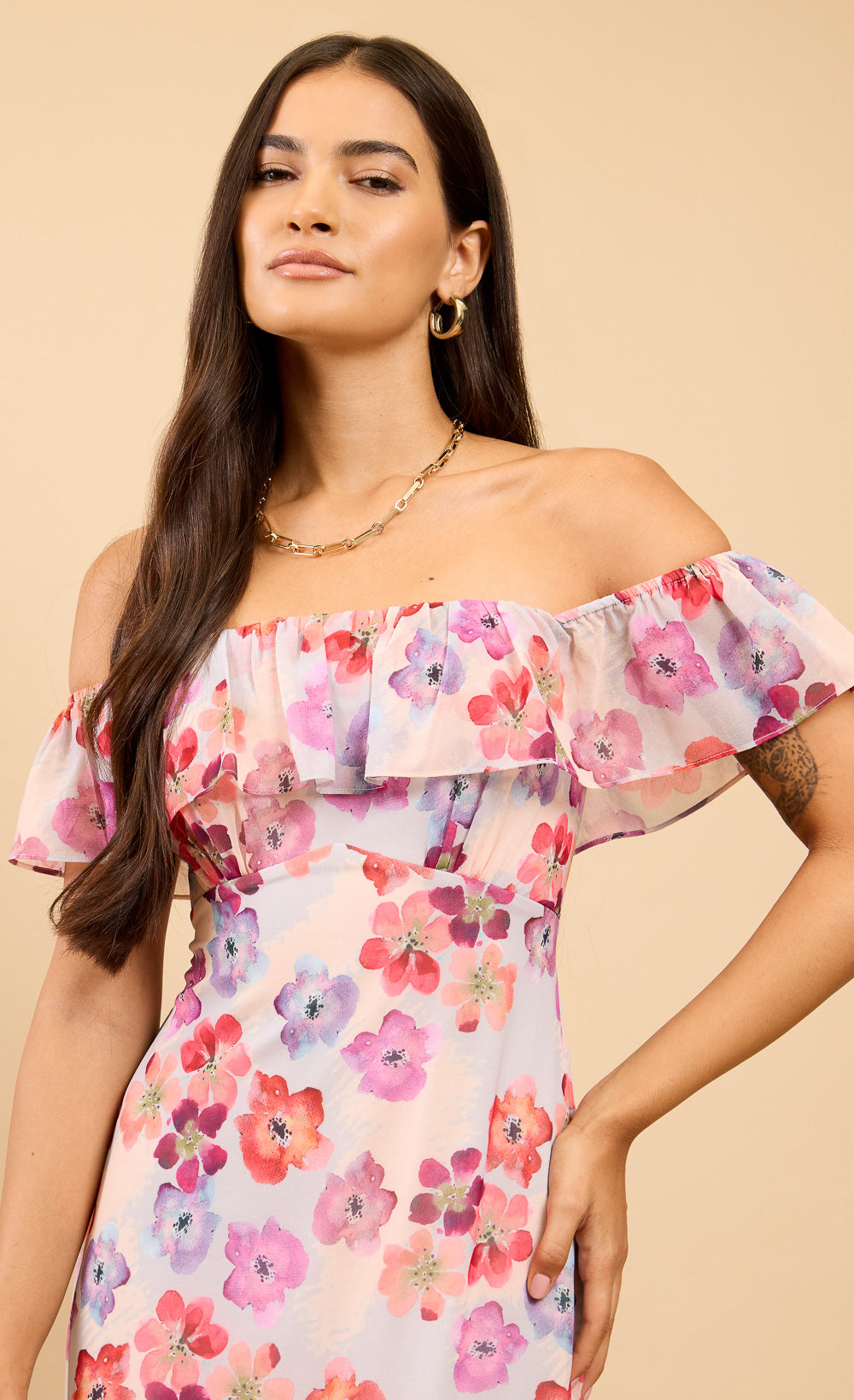 Noa Floral Print Ruffle Bardot Midaxi DressDressesDressesLittle Mistress