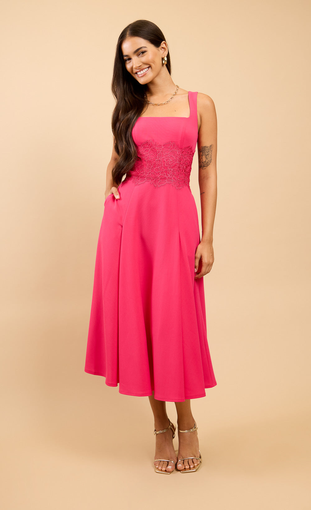 Orelia Pink Lace Detail Midaxi Dress