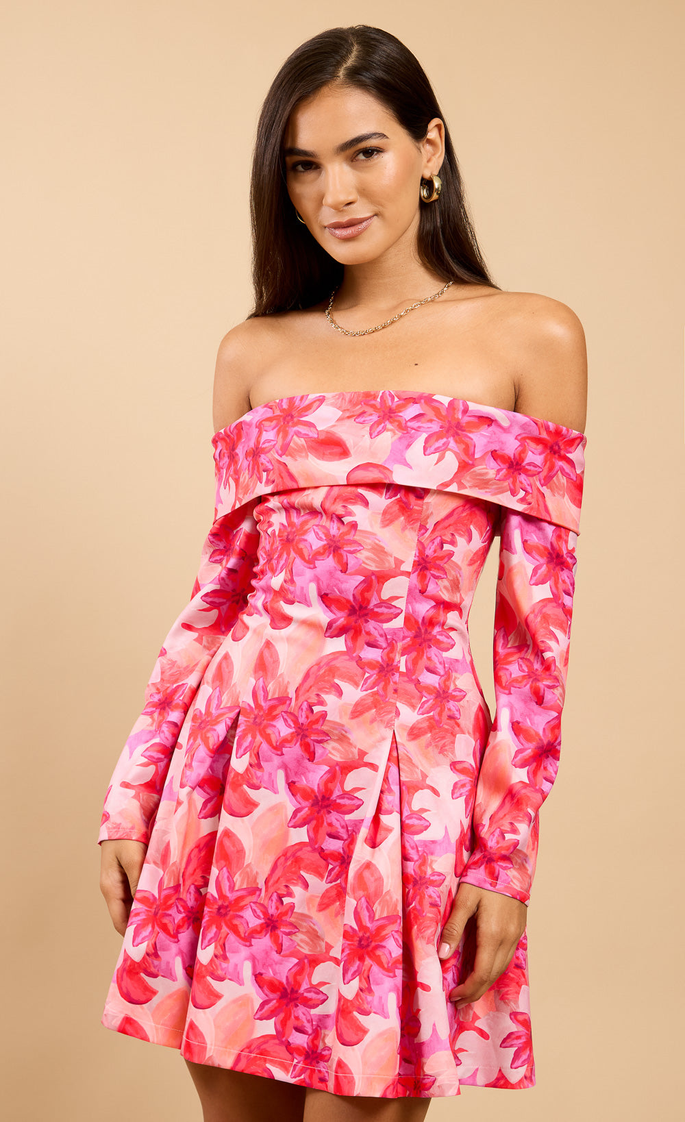 Serene Pink Floral Print Bardot Mini Dress