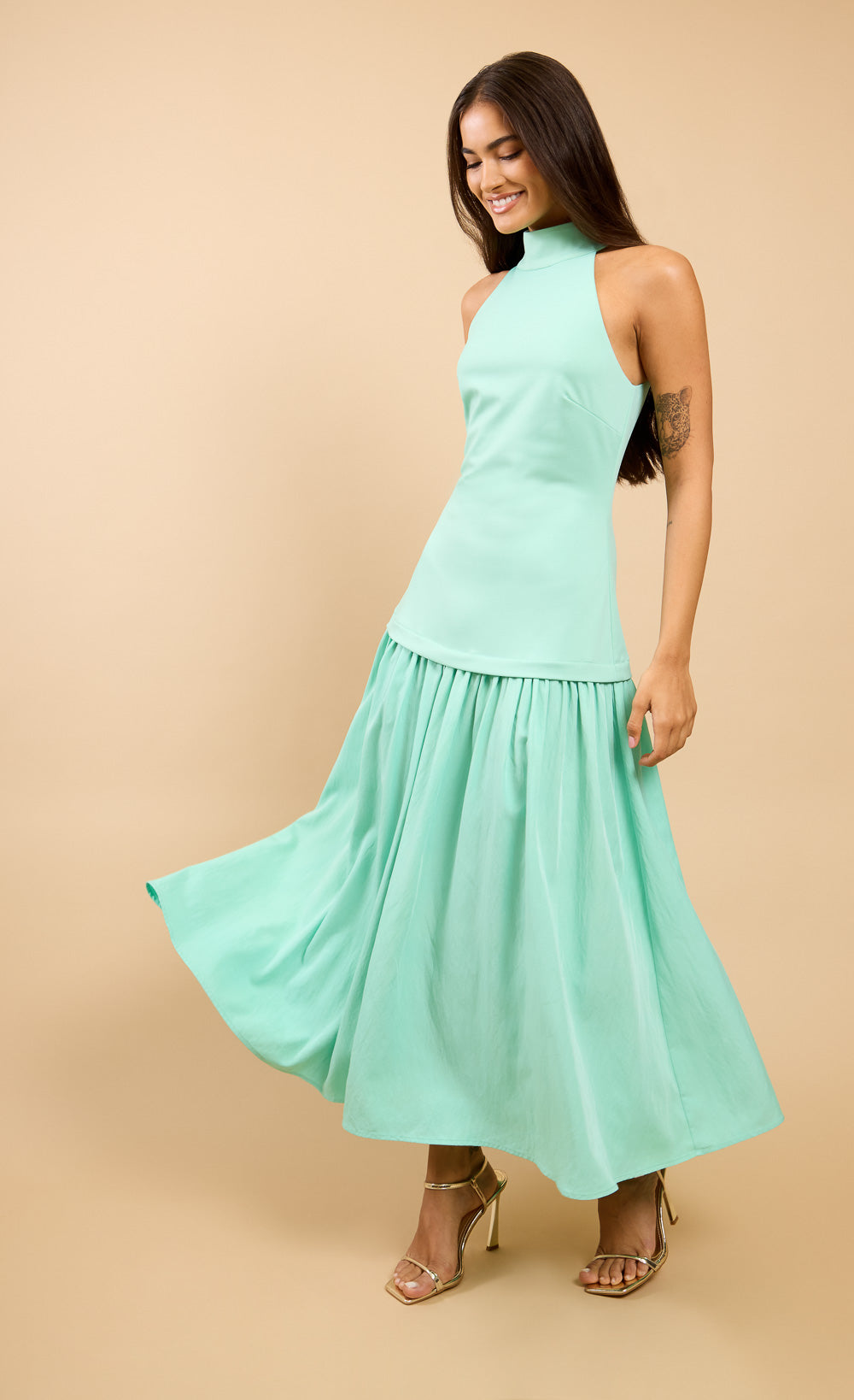 Verena Sage Halterneck Dropped Waist Maxi Dress