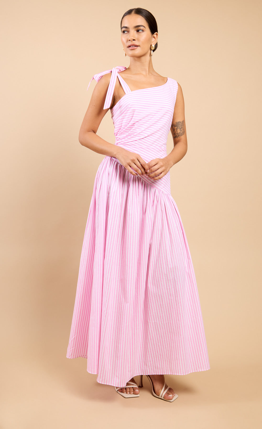 Azélie Pink Stripe Asymmetric Midaxi Dress