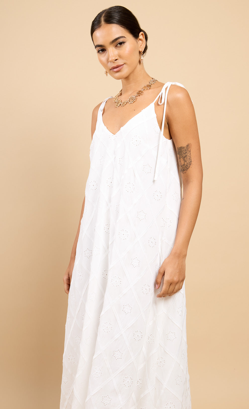 Mara White Embroidered Tie Strap Maxi DressDressesEmbroidered DressLittle Mistress