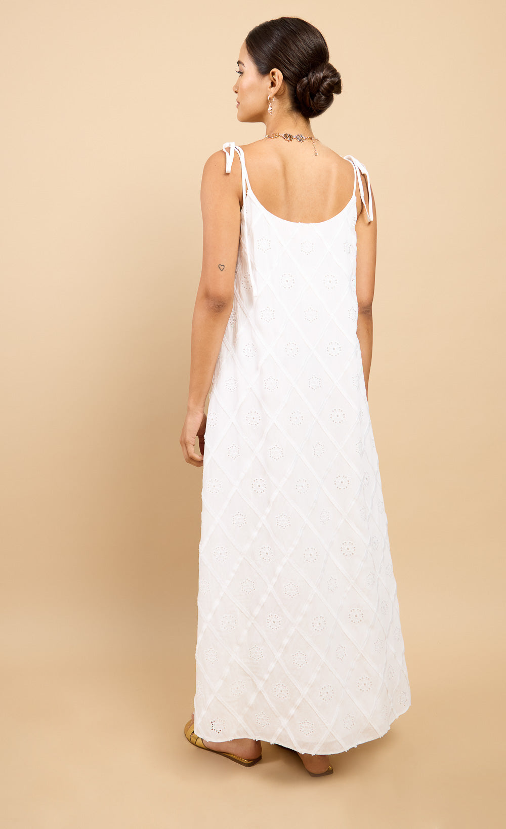 Mara White Embroidered Tie Strap Maxi Dress