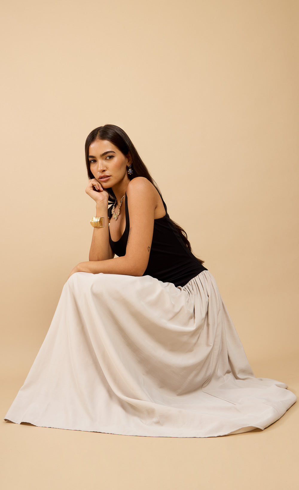 Elora Black Dropped Waist Midaxi Dress