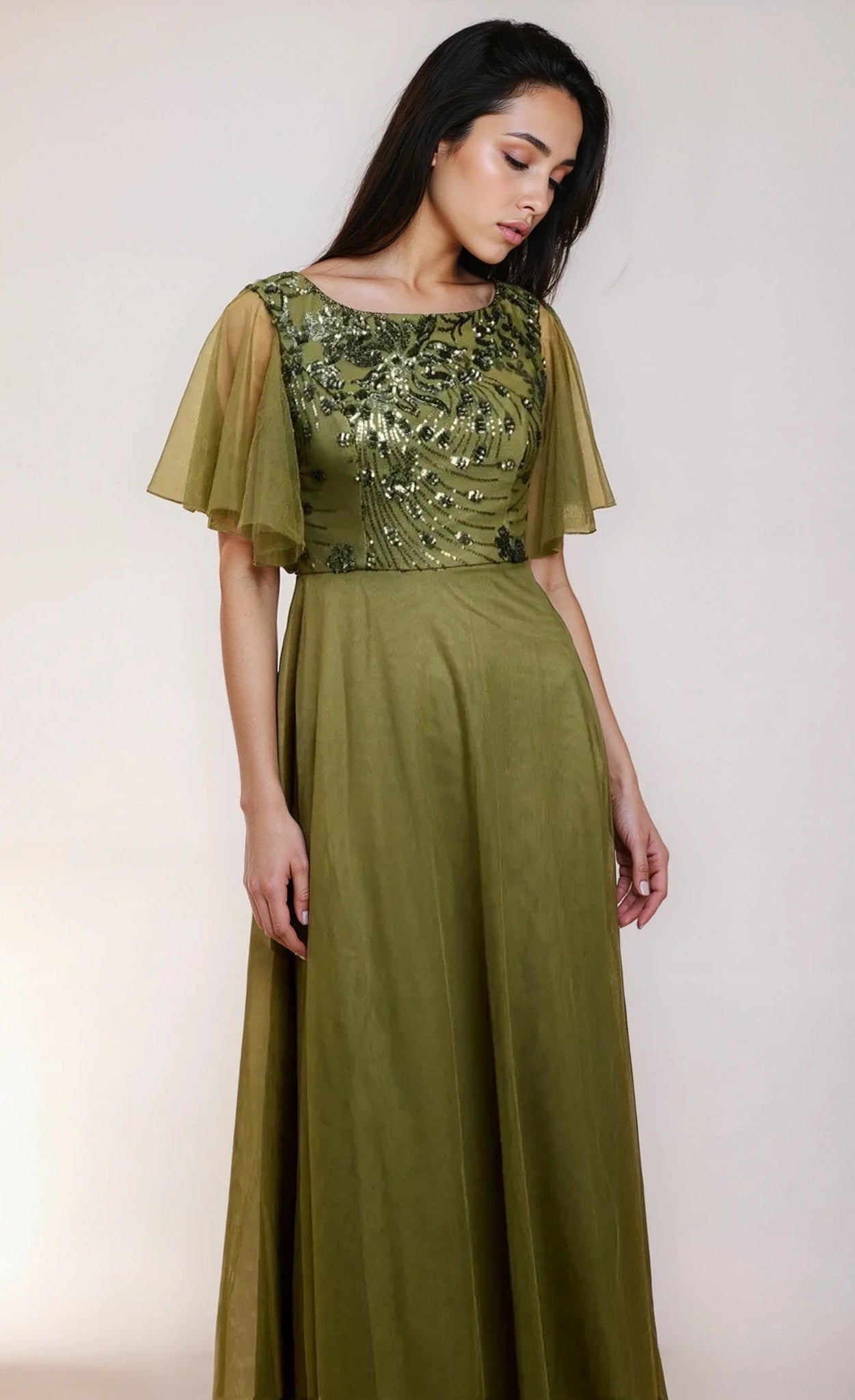 Valentina Khaki Green Angel Sleeve Sequin Maxi Dress