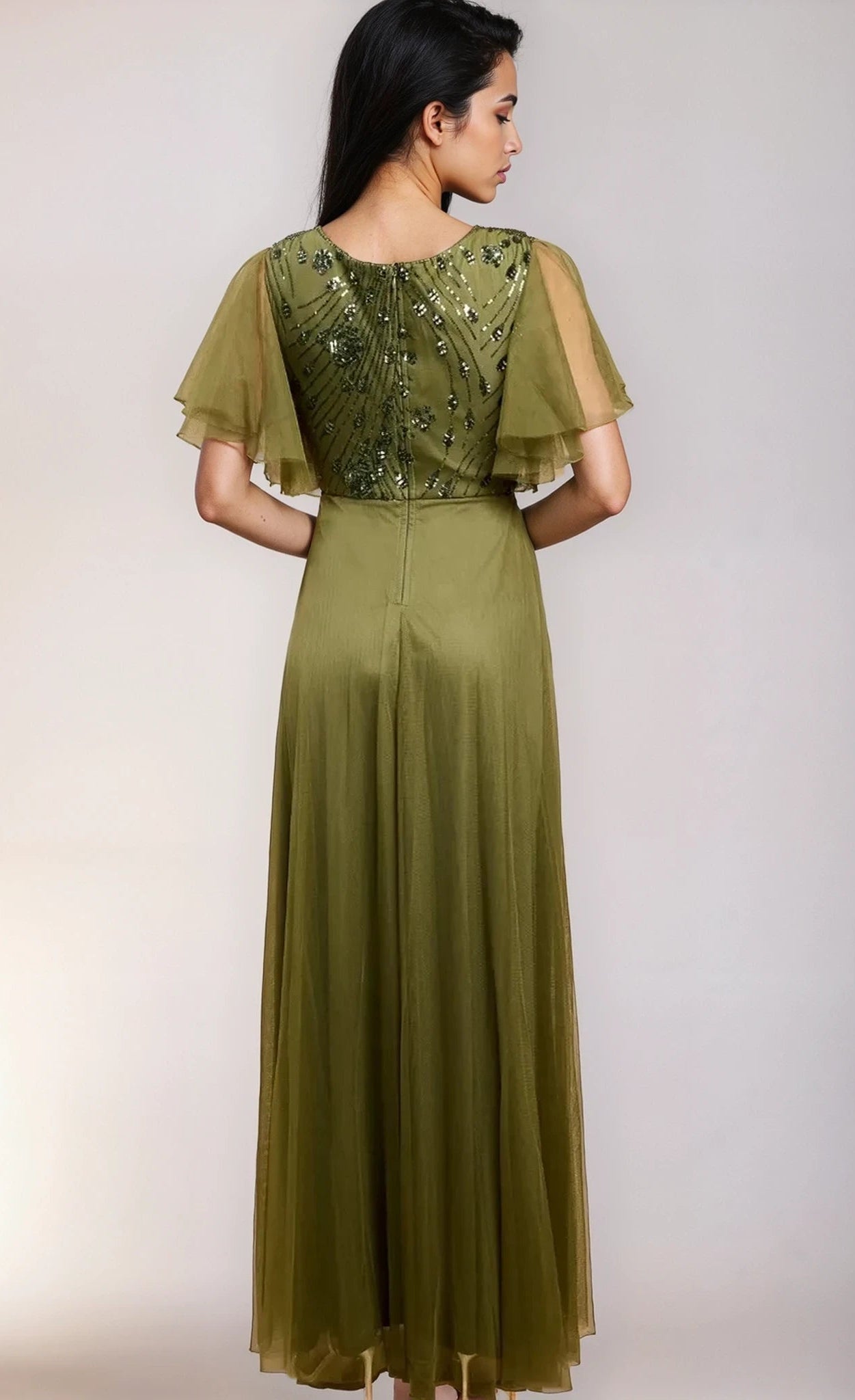 Valentina Khaki Green Angel Sleeve Sequin Maxi Dress