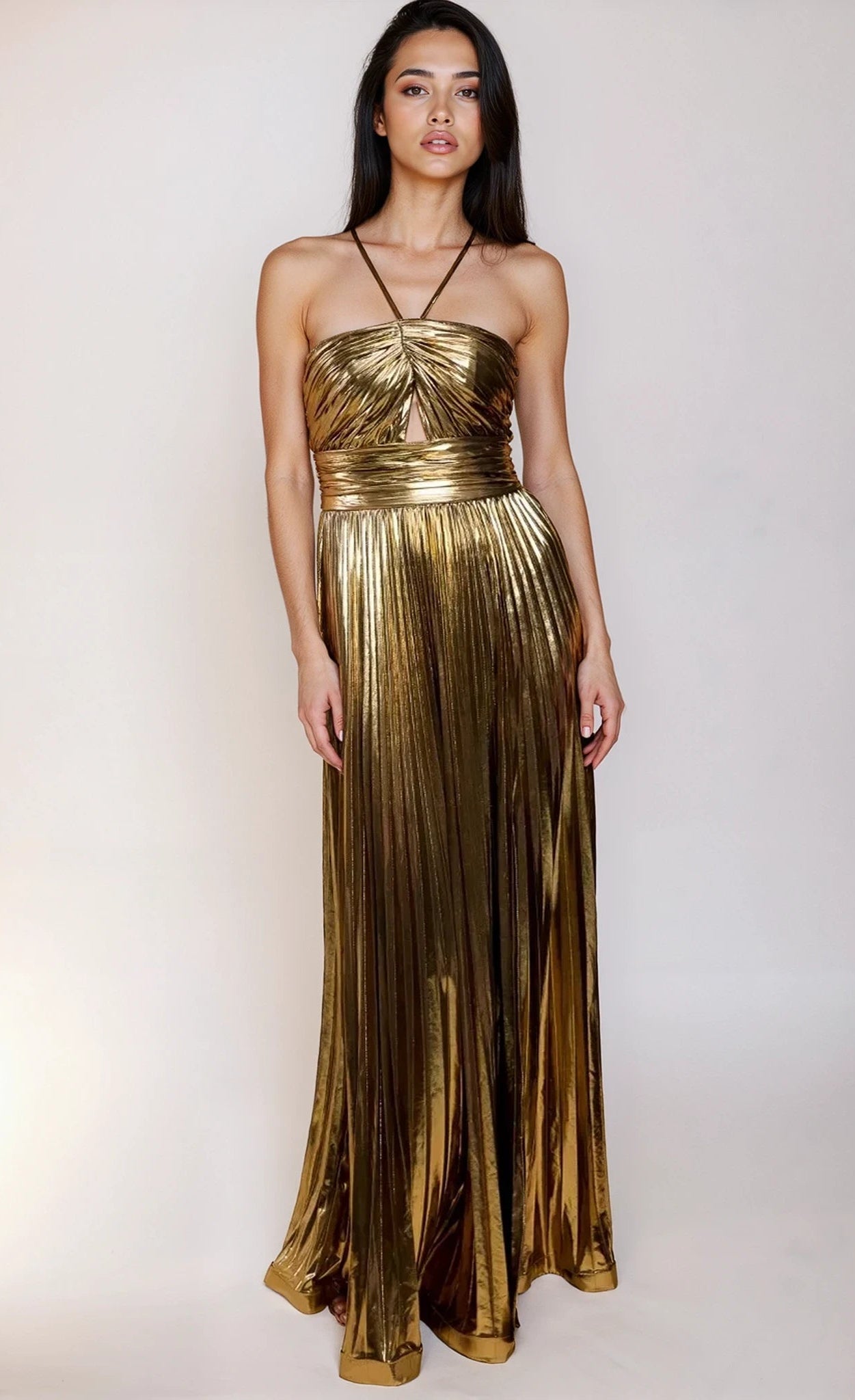 Valencia Gold Metallic Pleated Maxi Dress