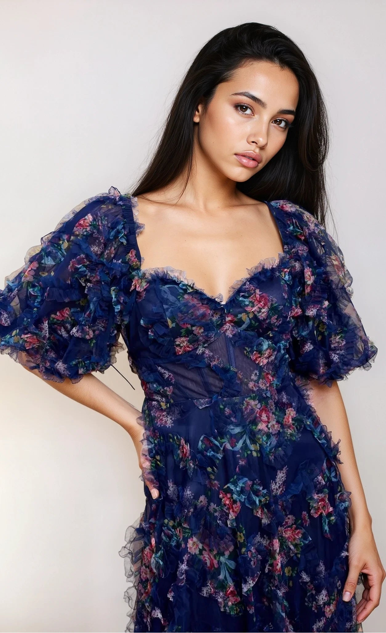 Vesper Navy Floral Print Ruffle Maxi Dress