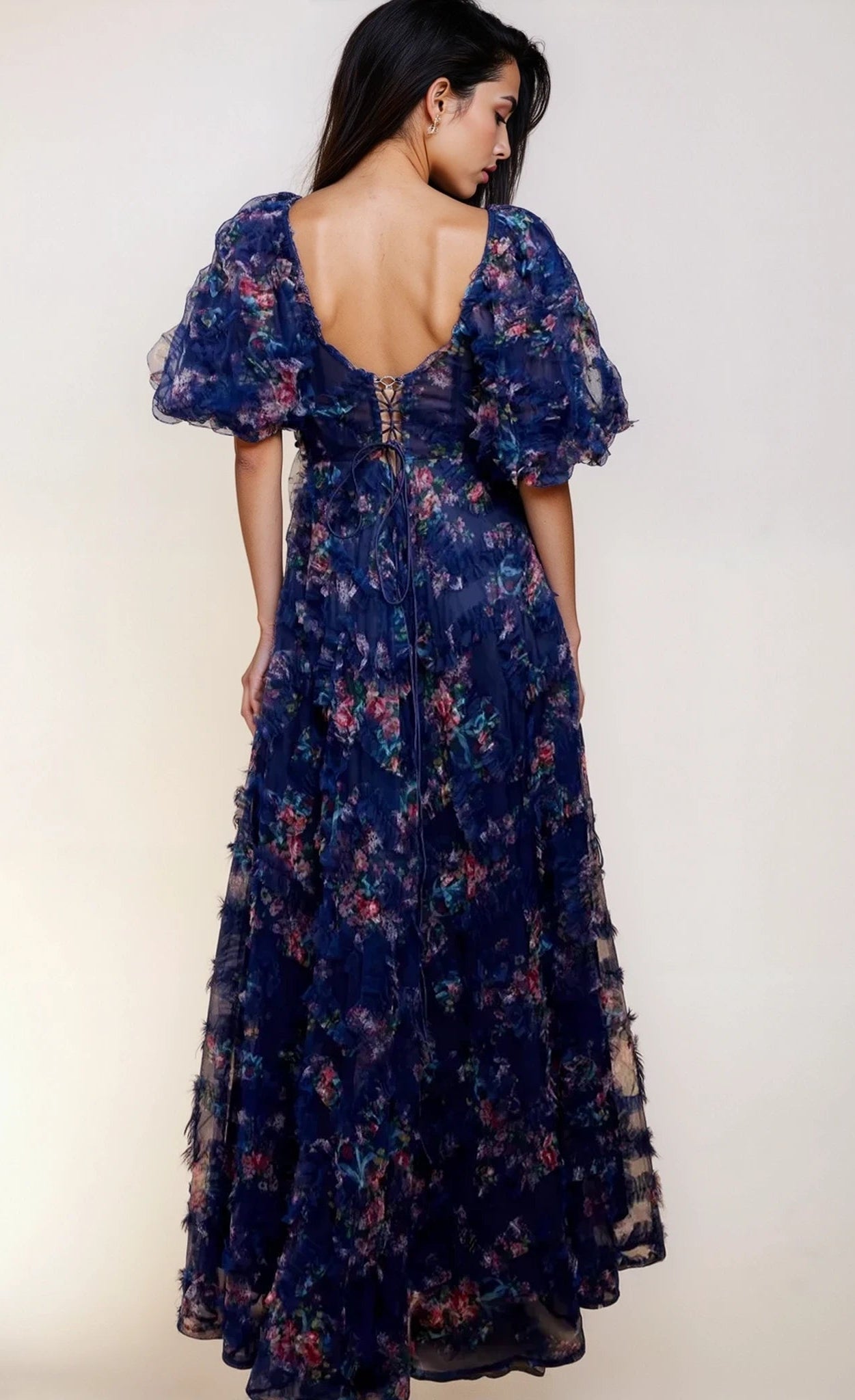 Vesper Navy Floral Print Ruffle Maxi Dress