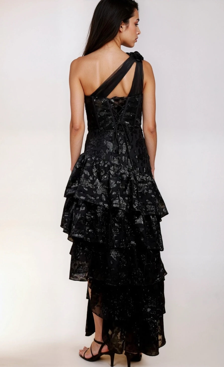 Viviana Black Tiered Ruffle One Shoulder Sequin Maxi Dress