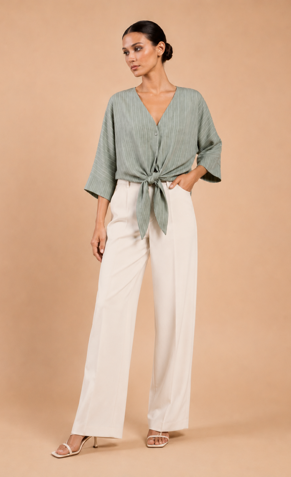 Green Stripe Tie-Knot Top with V-NeckBlousesTie-Knot TopLittle Mistress