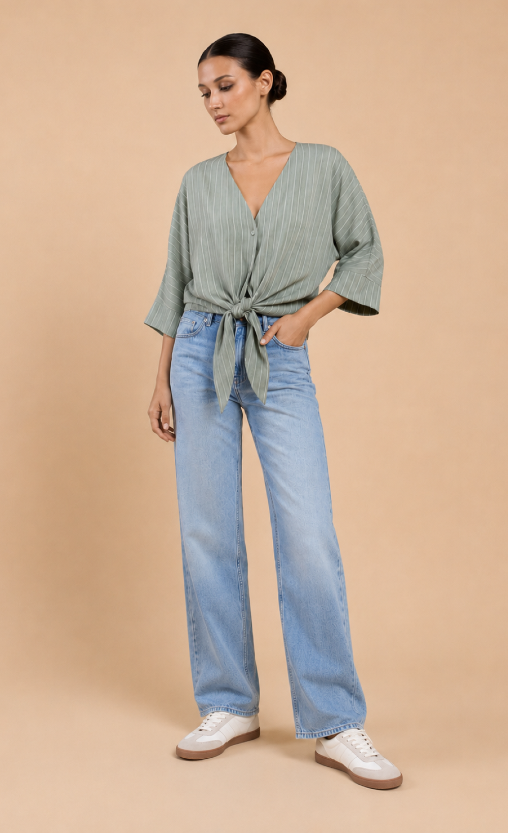 Green Stripe Tie-Knot Top with V-NeckBlousesTie-Knot TopLittle Mistress