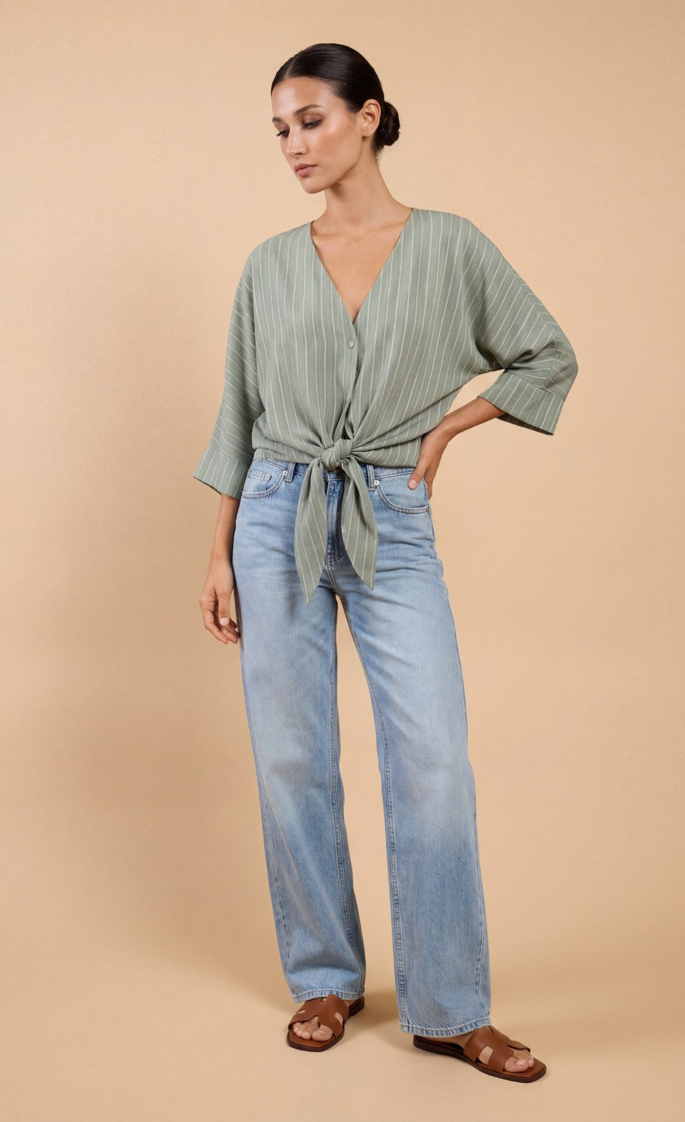 Green Stripe Tie-Knot Top with V-NeckBlousesTie-Knot TopLittle Mistress