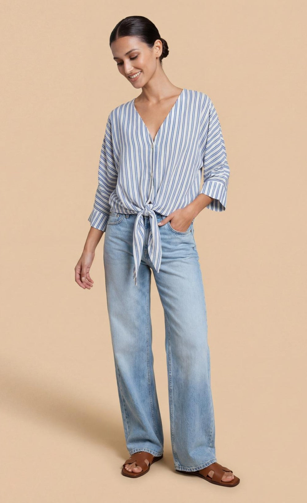 Blue Stripe Tie-Knot Top with V-Neck