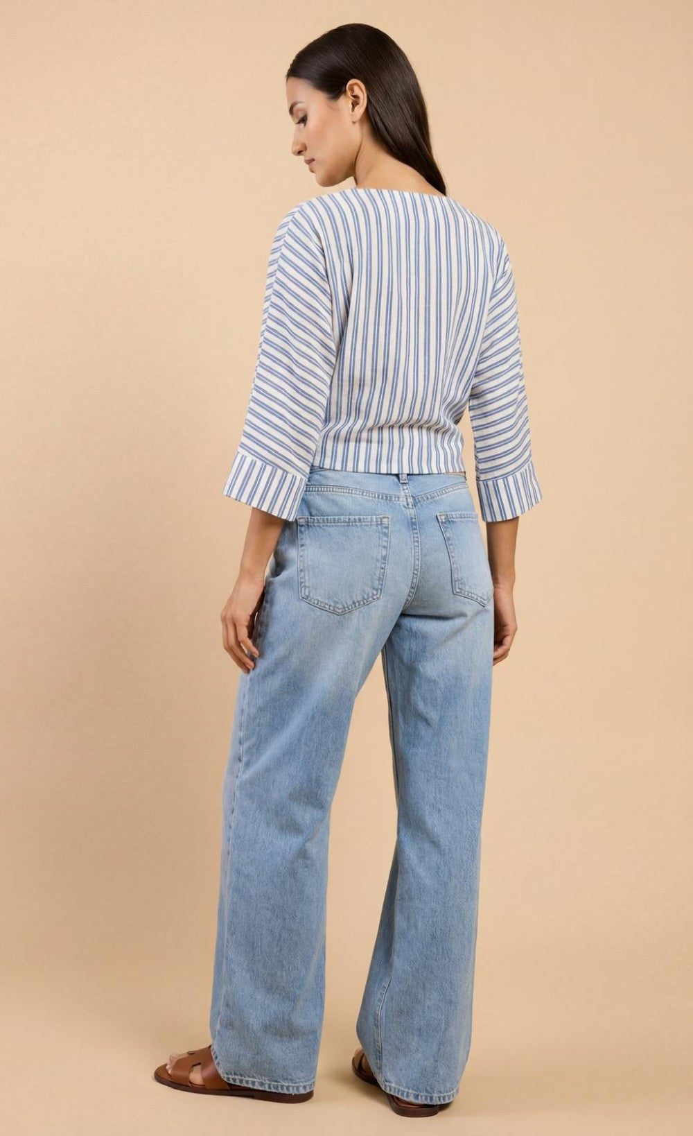 Blue Stripe Tie-Knot Top with V-Neck