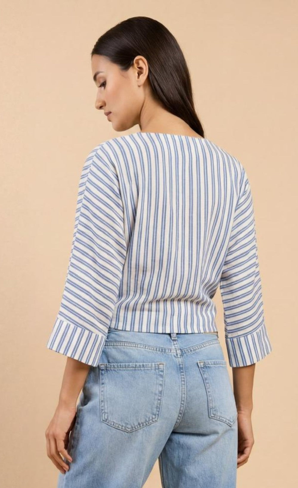 Blue Stripe Tie-Knot Top with V-Neck