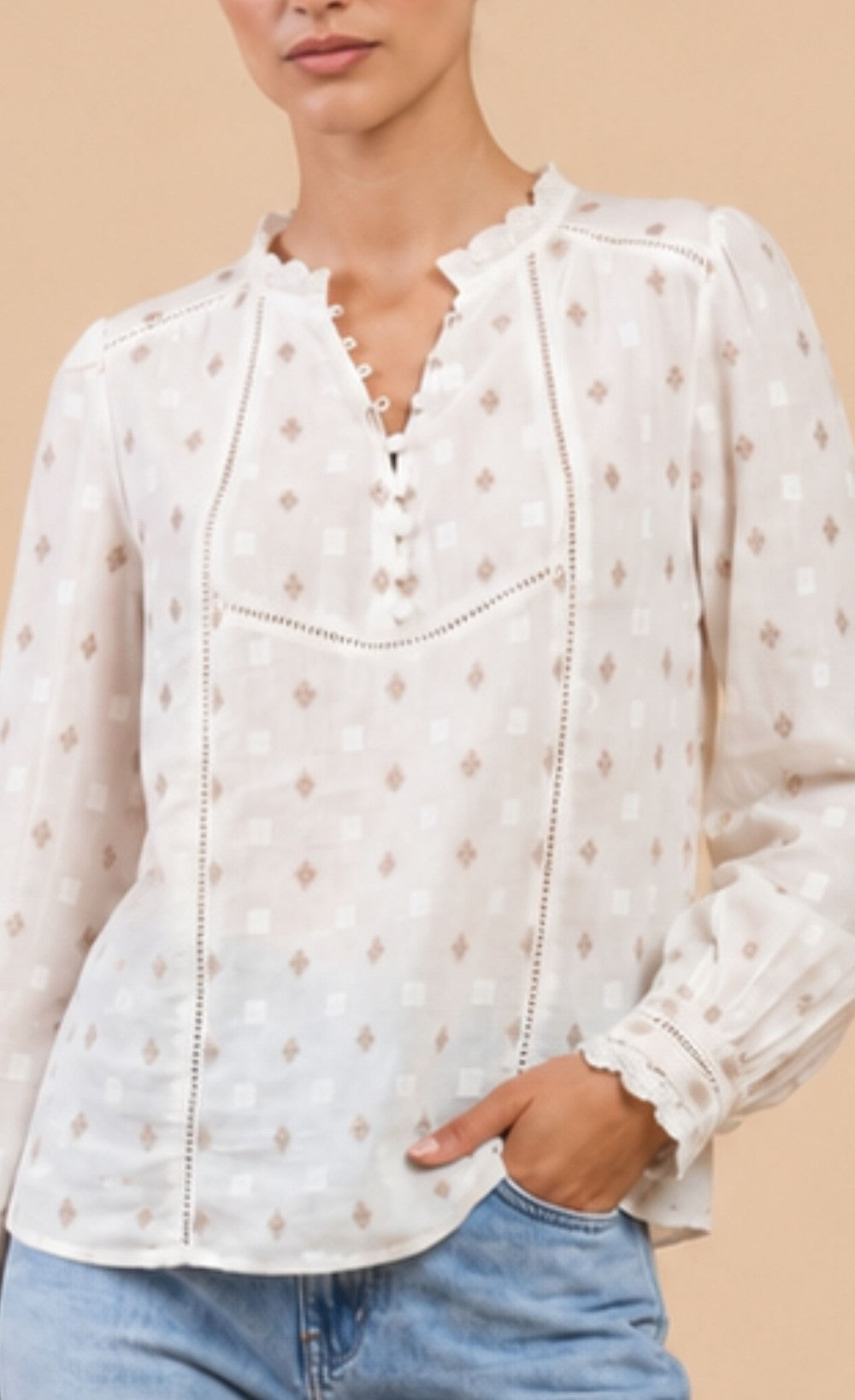 White Jacquard Cotton Top with Lace DetailBlousesBlouseLittle Mistress