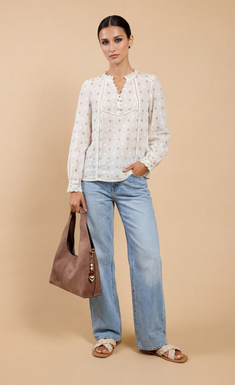 White Jacquard Cotton Top with Lace DetailBlousesBlouseLittle Mistress