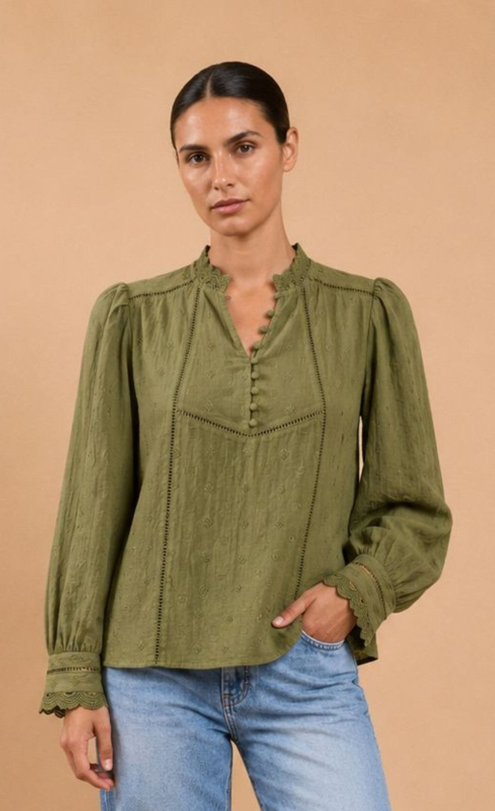 Green Schiffly Embroidered Cotton Top