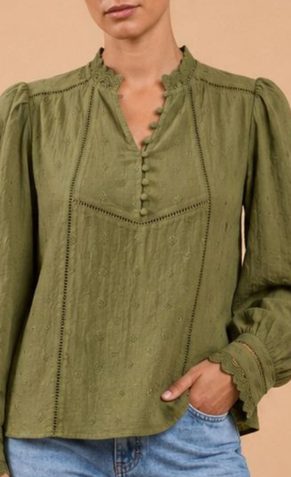 Green Schiffly Embroidered Cotton Top