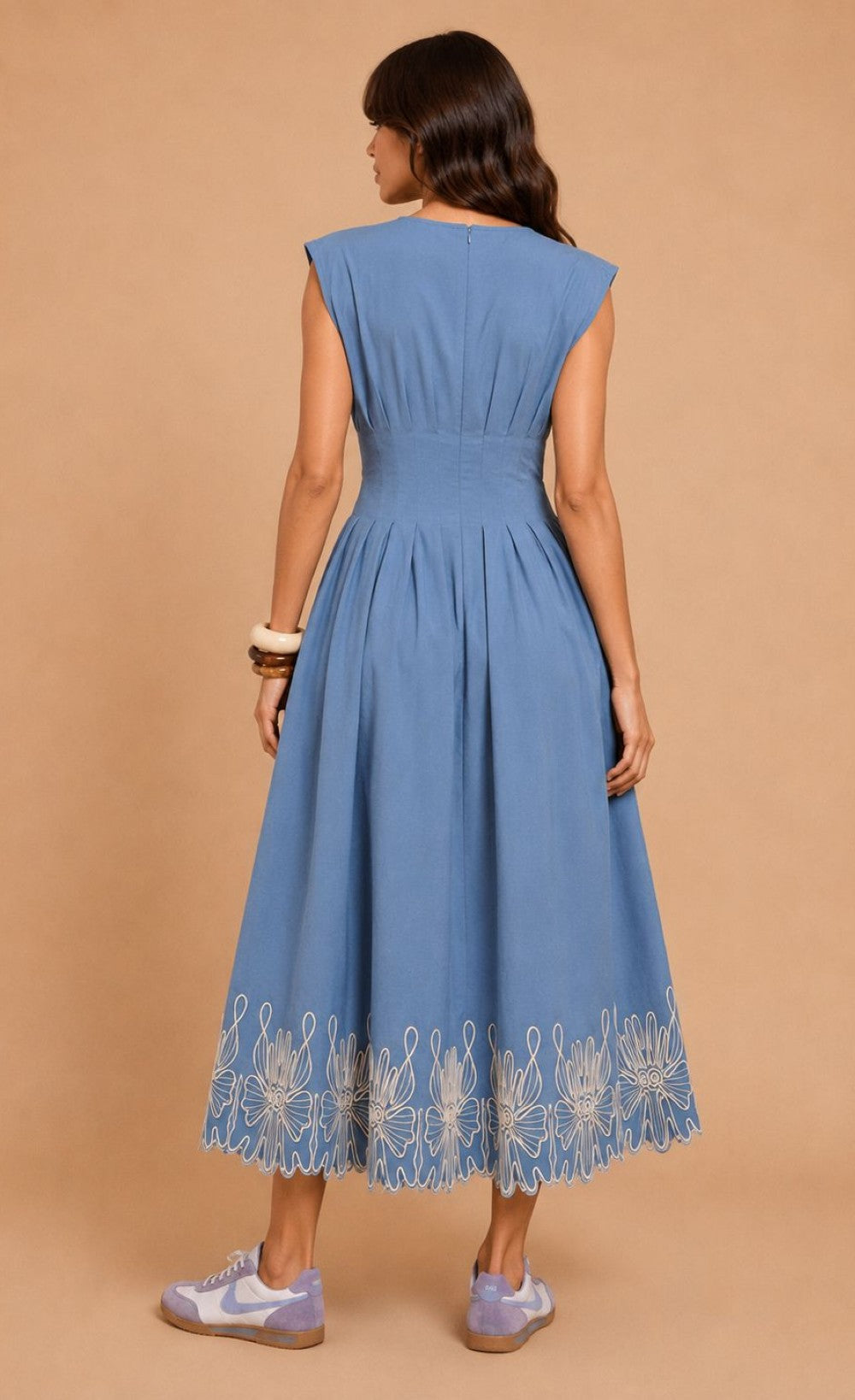 Blue Sleeveless Embroidered Midi Dress
