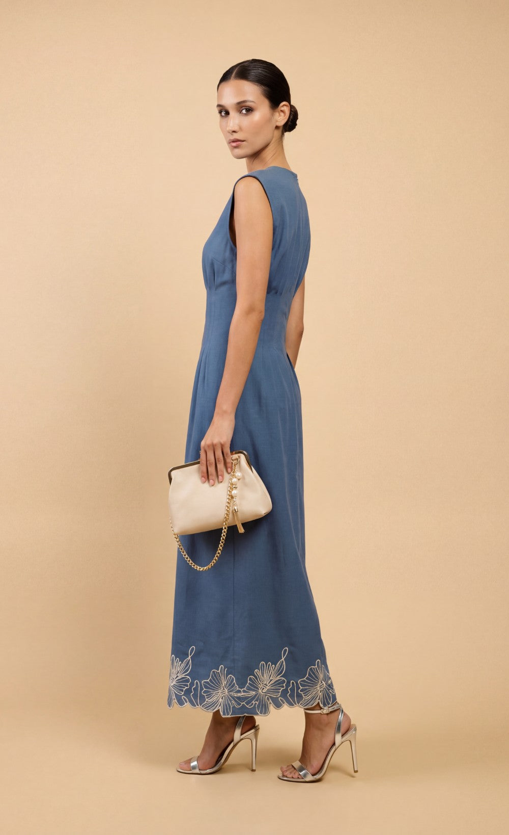 Blue Sleeveless Embroidered Midi Dress