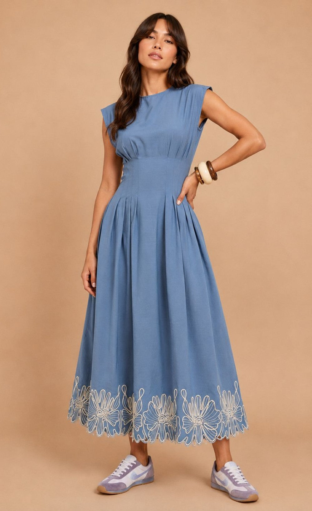 Blue Sleeveless Embroidered Midi Dress
