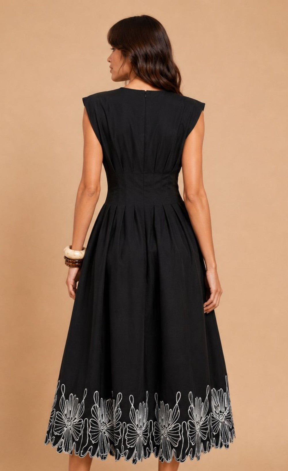 Black Sleeveless Embroidered Midi Dress