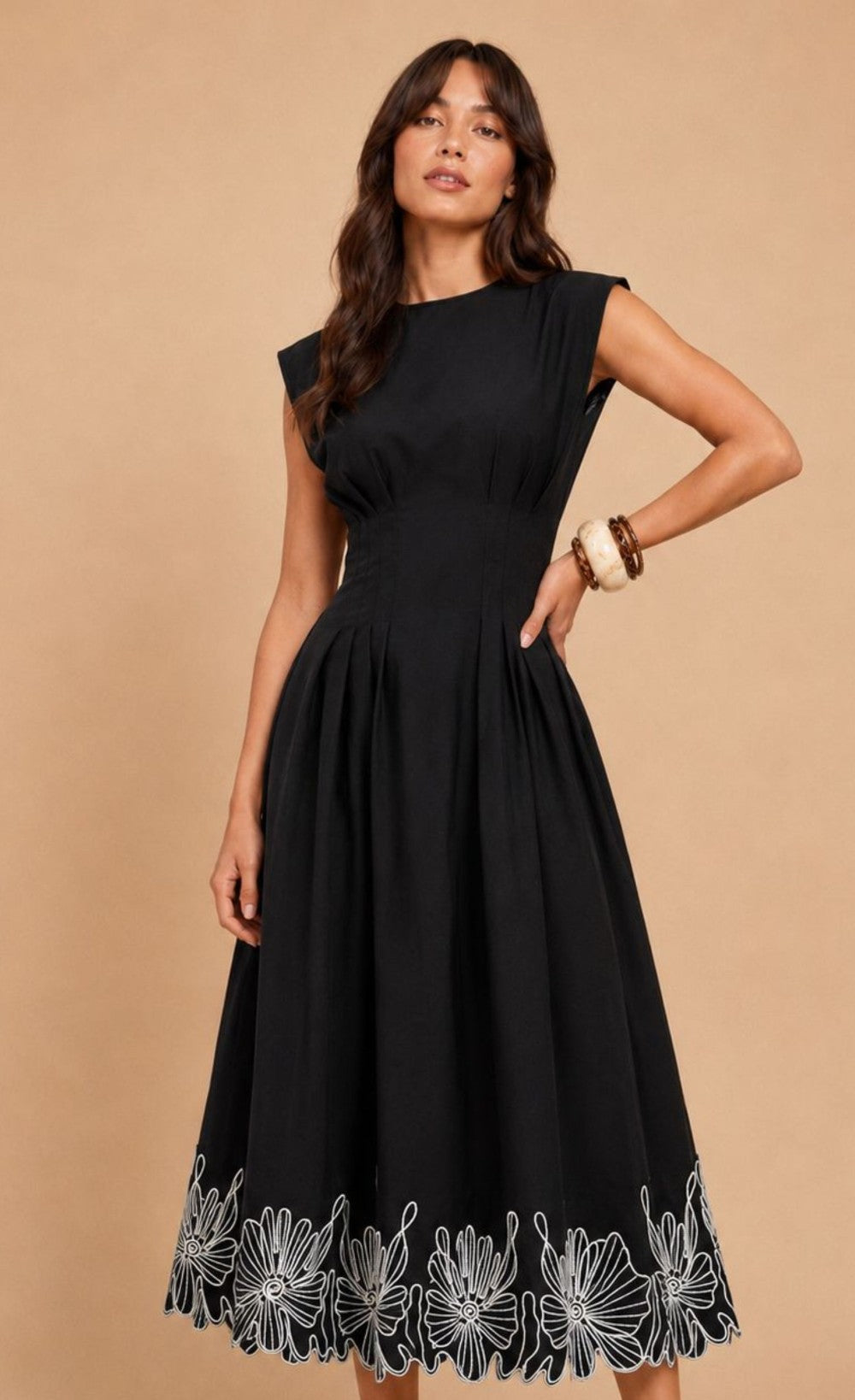 Black Sleeveless Embroidered Midi Dress