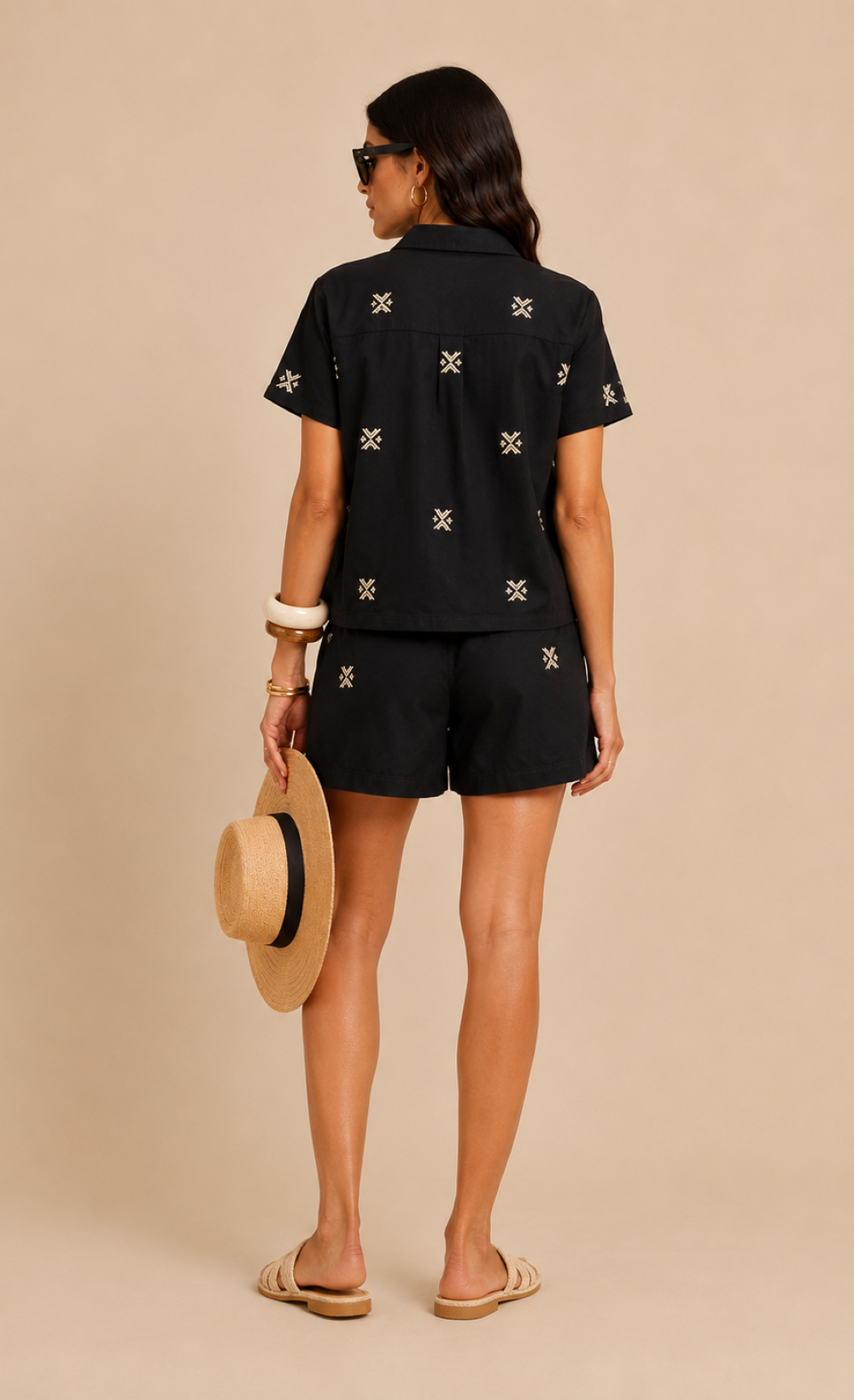 Black Embroidered Cotton Shorts