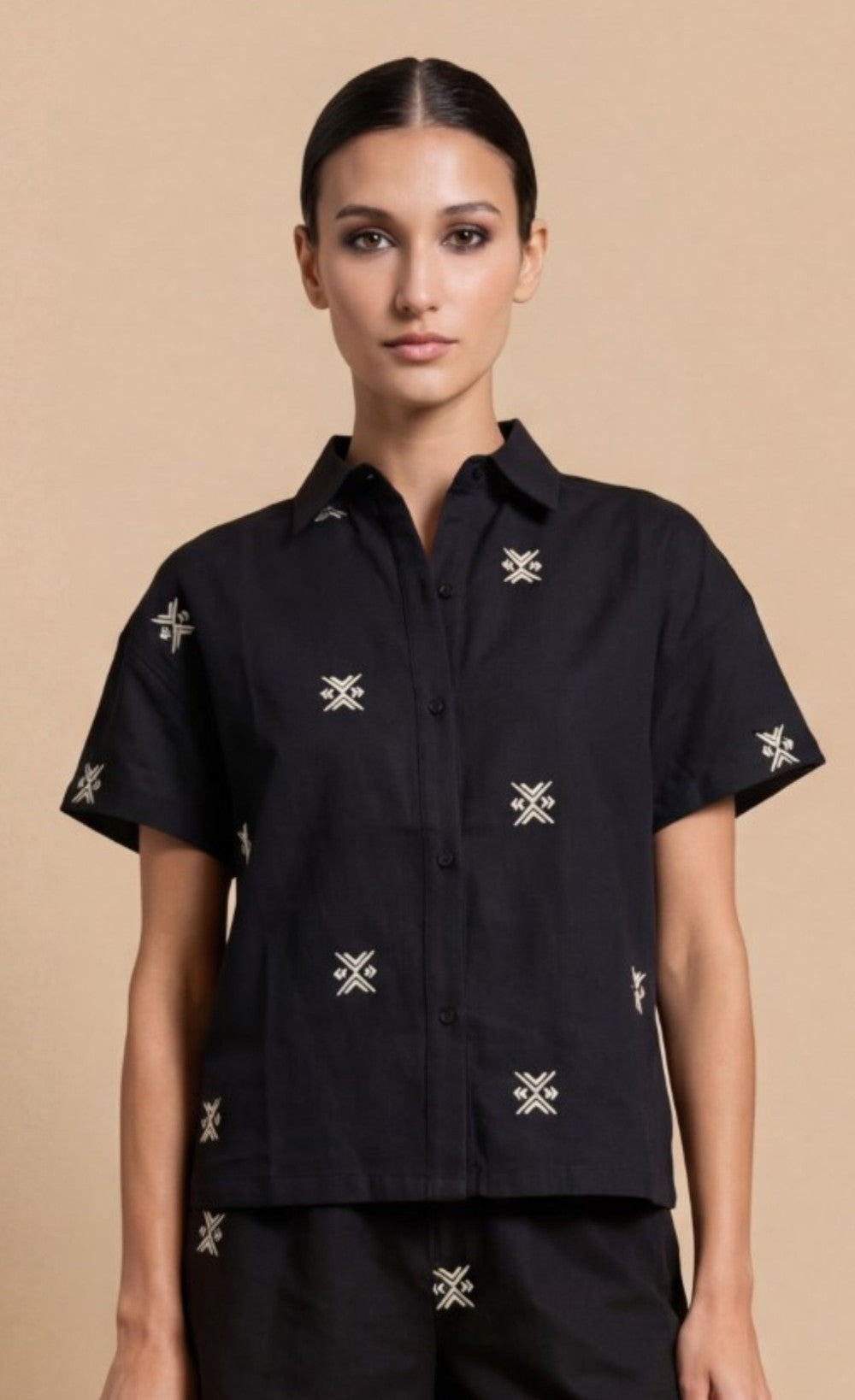 Black Embroidered Rayon Blend Shirt
