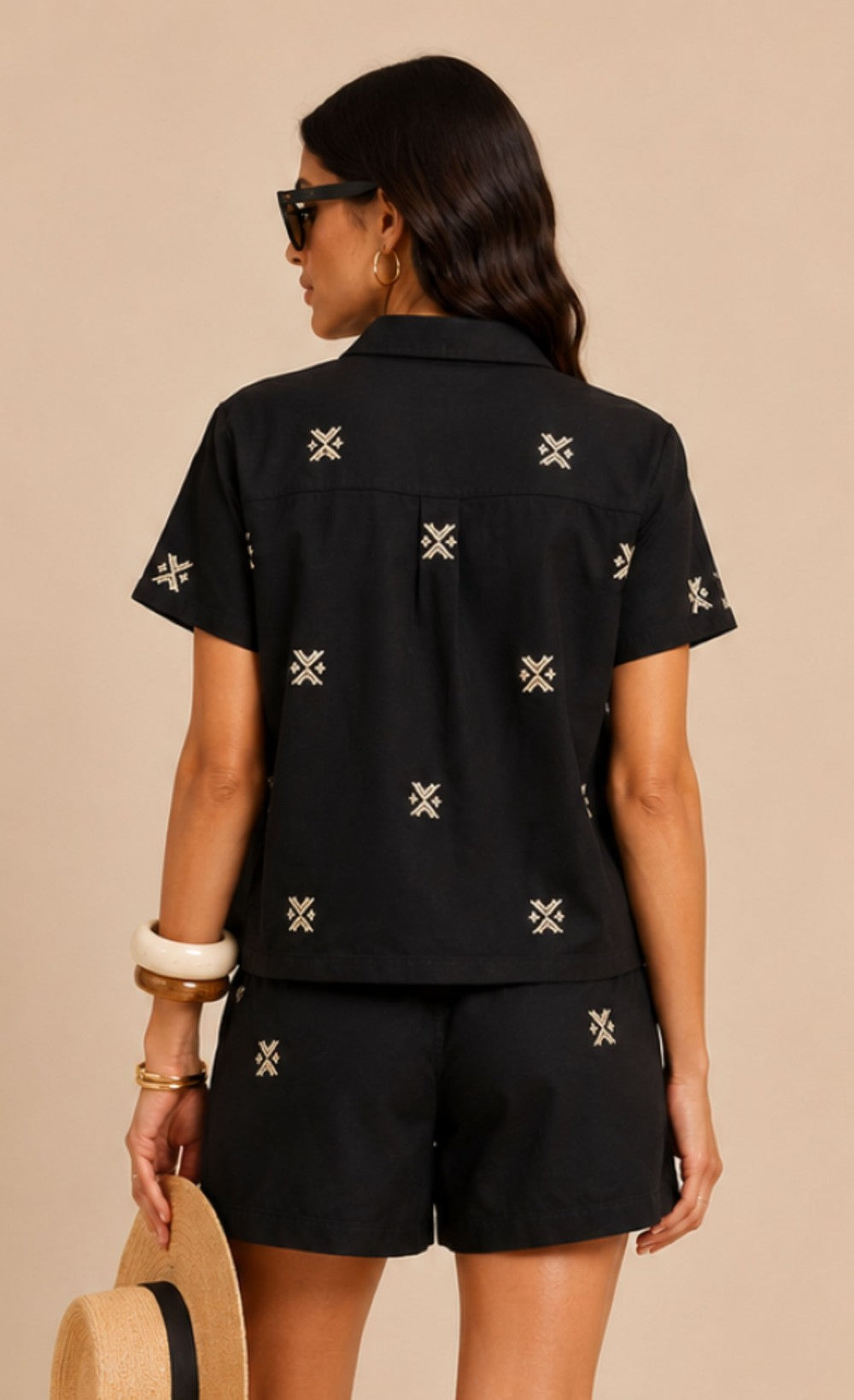 Black Embroidered Cotton Shorts