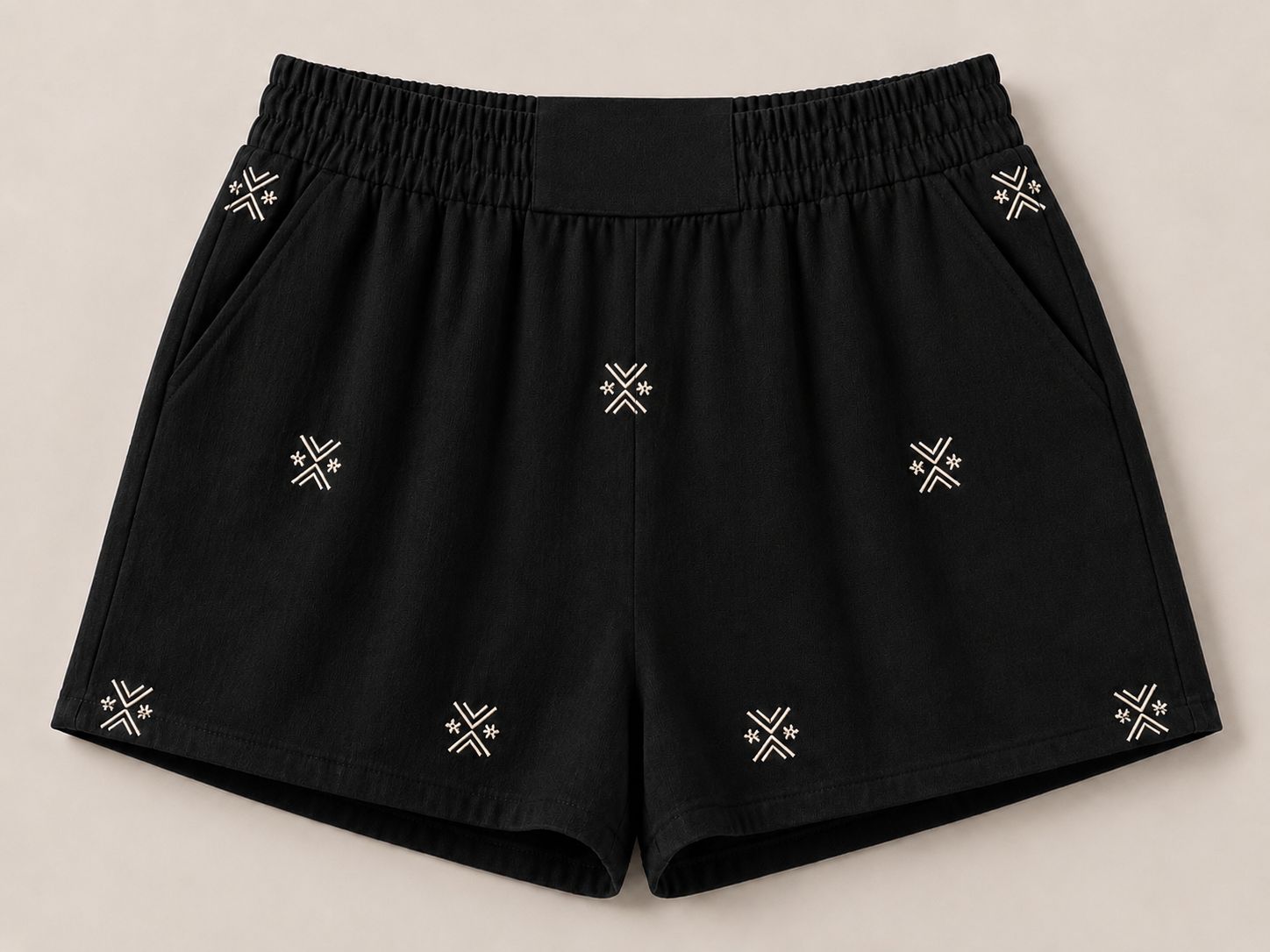Black Embroidered Cotton Shorts